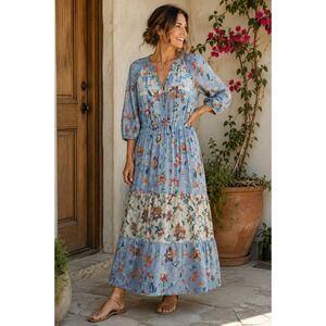 DR2 Daniel Rainn Blue Floral Boho Maxi Dress Medium Blue Cottage Core LS